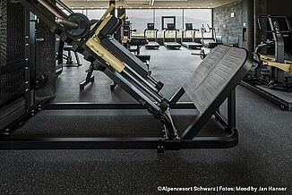 Fitness area in a hotel, in the foreground is a leg press, in the background a large window front with cardio equipment in front of it. The floor is fitted with REGUPOL flooring.