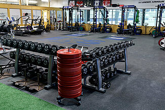 Elite Training Systems at Iroquois Park Sports Centre - Facility with REGUPOL Flooring View of the Elite Training Systems located at Iroquois Park Sports Centre. The dumbbell racks rest atop REGUPOL aktivpro roll flooring.
