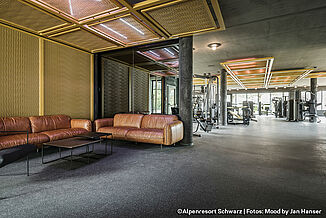 The sofas in the seating area are brown, there is some fitness equipment in the background, the flooring is dark grey