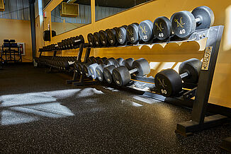 Millersville University Performance Center - Dumbbell Area View of the dumbbell weight rack in the Millersville University performance center. The rack sits on REGUPOL aktivpro roll flooring in the color "Gray Hound"