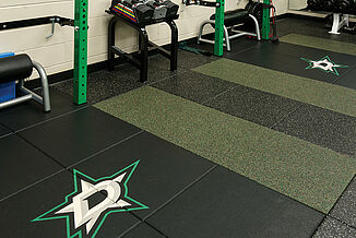 Dallas Stars Weight Training - Platform Logo Dallas Stars weight training facility offers customized platforms utilizing REGUPOL crash to offer a durable flooring choice for professional athletes.