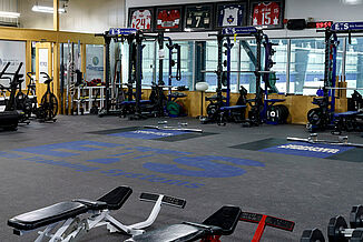 Elite Training Systems at Iroquois Park Sports Centre - Angled View of Facility Angled view of the Elite Training Systems facility located at Iroquois Park Sports Centre. The weight training facility offers a variety of equipment and machines for athletes to utilize, from benches and weight racks to plyometrics.