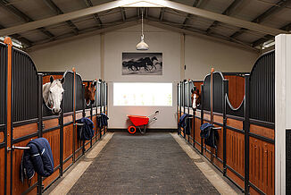 REGUPOL Equestrian Flooring in Stable Aisles – Comfort and Safety for Horse Stalls and Stables Stable aisle with horse stalls and durable REGUPOL equestrian flooring – slip-resistant, shock-absorbing flooring for safe and horse-friendly stable environments