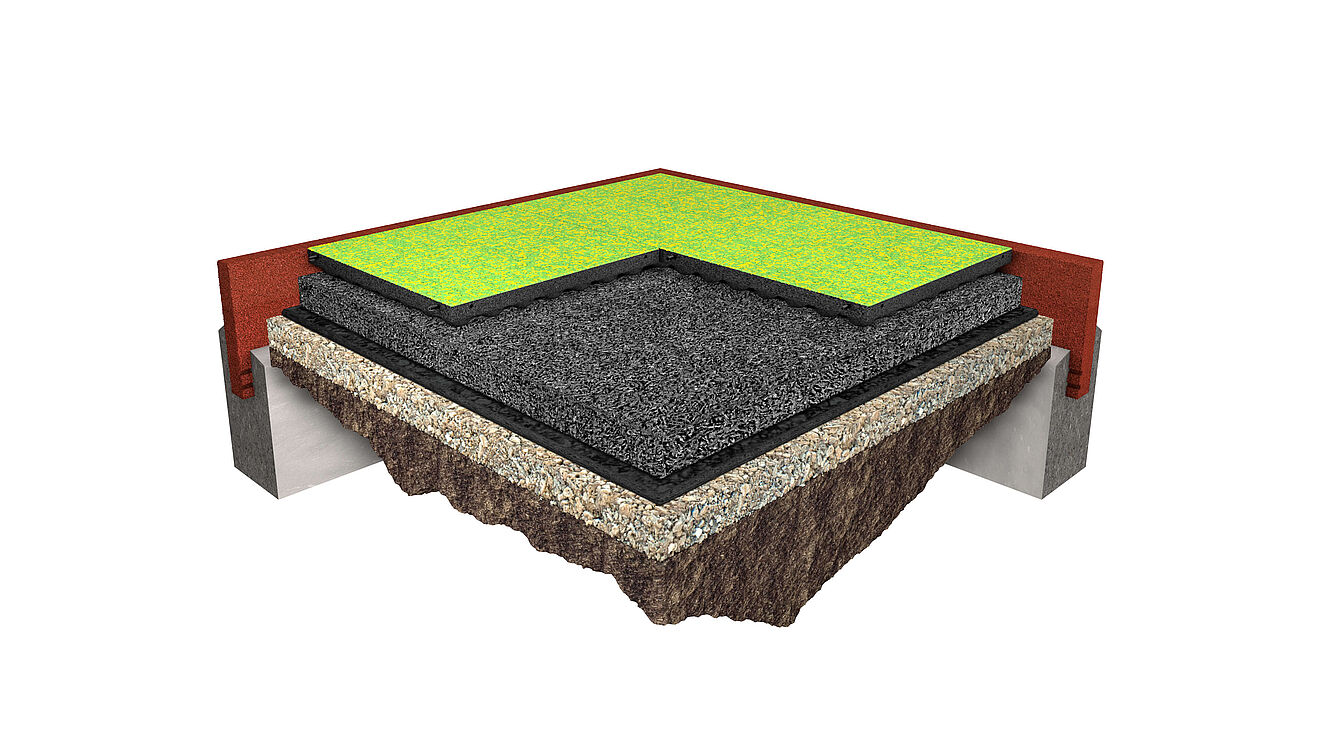 Construction diagram of the REGUPOL playfix funtastic safety tile with seamless EPDM wear layer for safe play on playgrounds