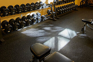 Millersville University Performance Center - REGUPOL aktivpro roll and Weight Benches View of the dumbbell rack and benches resting on REGUPOL aktivpro roll flooring. The flooring is featured in the color "Gray Hound".