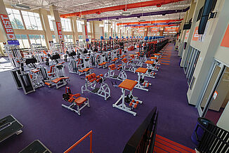 Aerial View of Machines in Clemson Aerial view of Clemson weight room display a variety of machines for athletes.