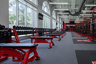 Texas Tech Olympic - Benches Up close view of Power Lift benches and free weights offered to athletes in the Texas Tech Olympic performance center.