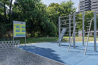 Calisthenics training equipment in Ludwigshafen with REGUPOL playfix FX safety flooring Calisthenics training equipment at Rudolf-Hoffmann-Platz in Ludwigshafen am Rhein on blue REGUPOL playfix FX safety flooring