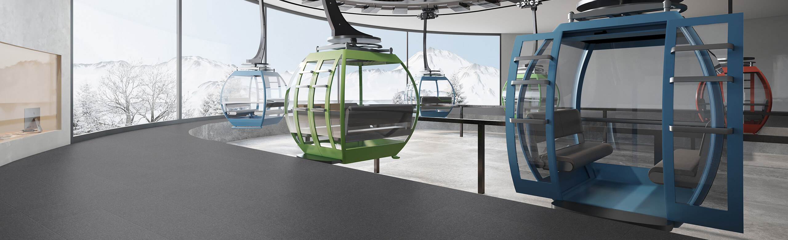 REGUPOL everroll alpine flooring in an access area to gondolas Access area to the gondolas in a cable car station with a REGUPOL everroll alpine flooring