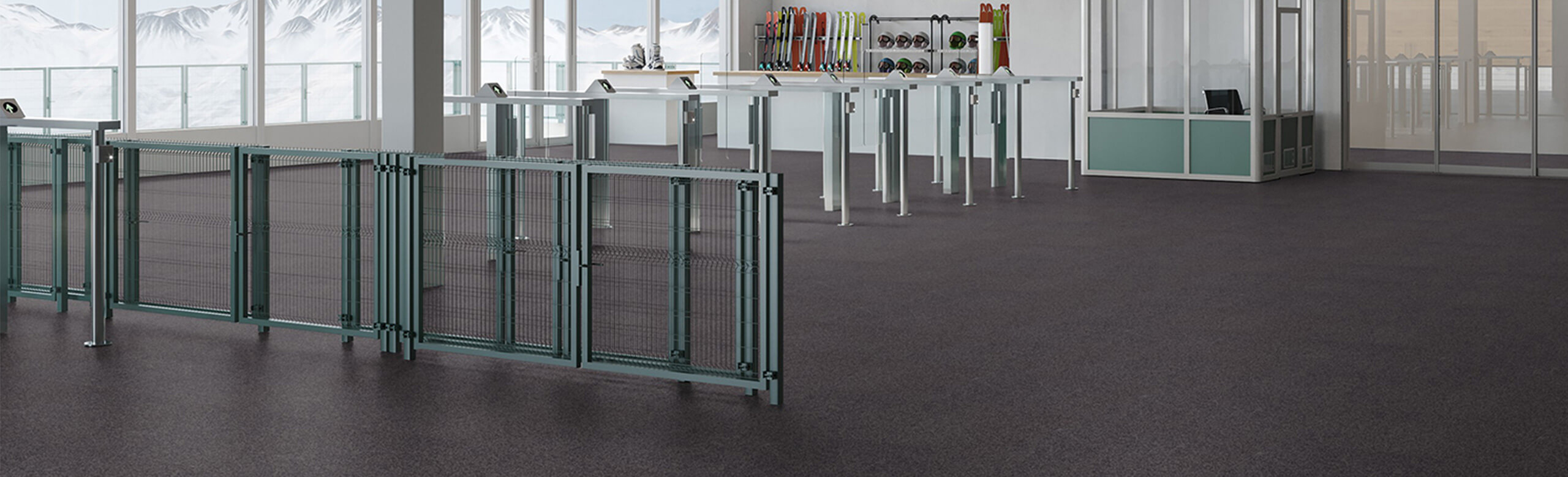 Cable car station area with turnstiles and a REGUPOL everroll alpine floor covering Area in a cable car station with turnstiles, the floor covering is REGUPOL everroll alpine