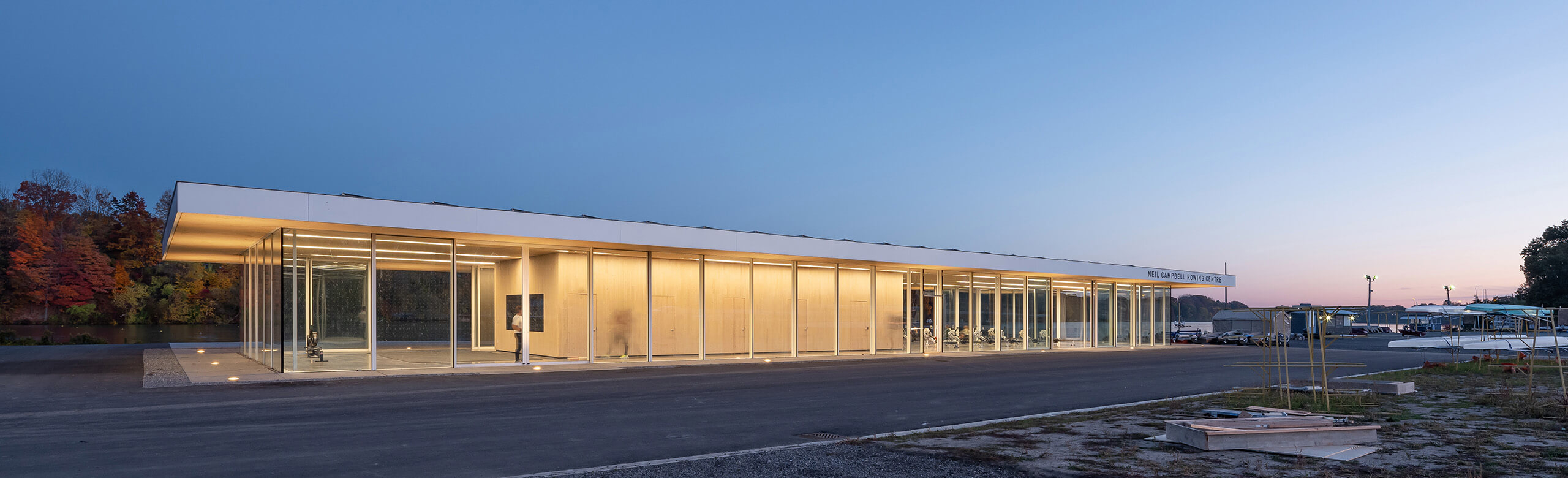 Neil Campbell Rowing Centre - REGUPOL aktivpro tiles View of the Neil Campbell Rowing Centre facility, features full glass walls, demonstrating the innovative design of the facility.
