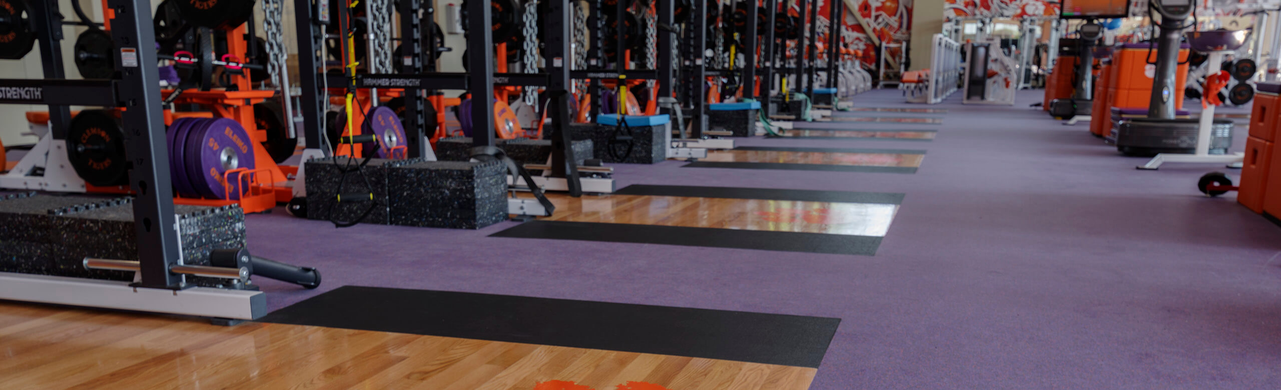Row of Clemson Weight Lifting Squat Racks Row of Clemson racks with platforms inlaid into the flooring. REGUPOL aktivpro roll is used throughout the facility.