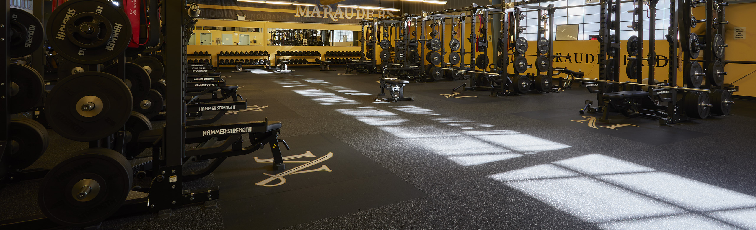 Millersville University Performance Center - Weight Room View of the Millersville strength center offered to athletes to continue improving their athletic performance. A number of weight racks are available to athletes, allowing for a variety of exercises to be performed. REGUPOL aktivpro roll flooring is featured throughout the facility.