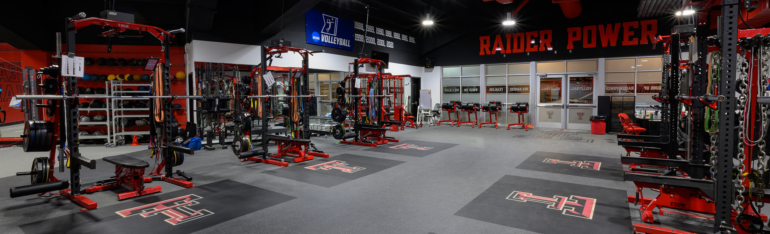 Texas Tech Volleyball - Banner Texas Tech Volleyball upgraded their strength training area at the United Supermarkets Arena with a number of weight training racks.